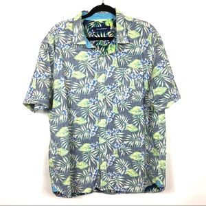 Tommy Bahama Blue, Green and White Tropical Leaf Short Sleeve Button-Down